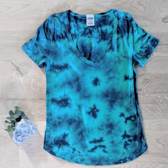 PINK Victoria's Secret Tops - VS Pink V Neck Aqua Teal Blue Tie Dye Tee Shirt